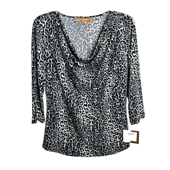NWT Ellen Tracy Womens Gray Comb Draped Neck Long Sleeve Animal Print Top Size S - Picture 1 of 6